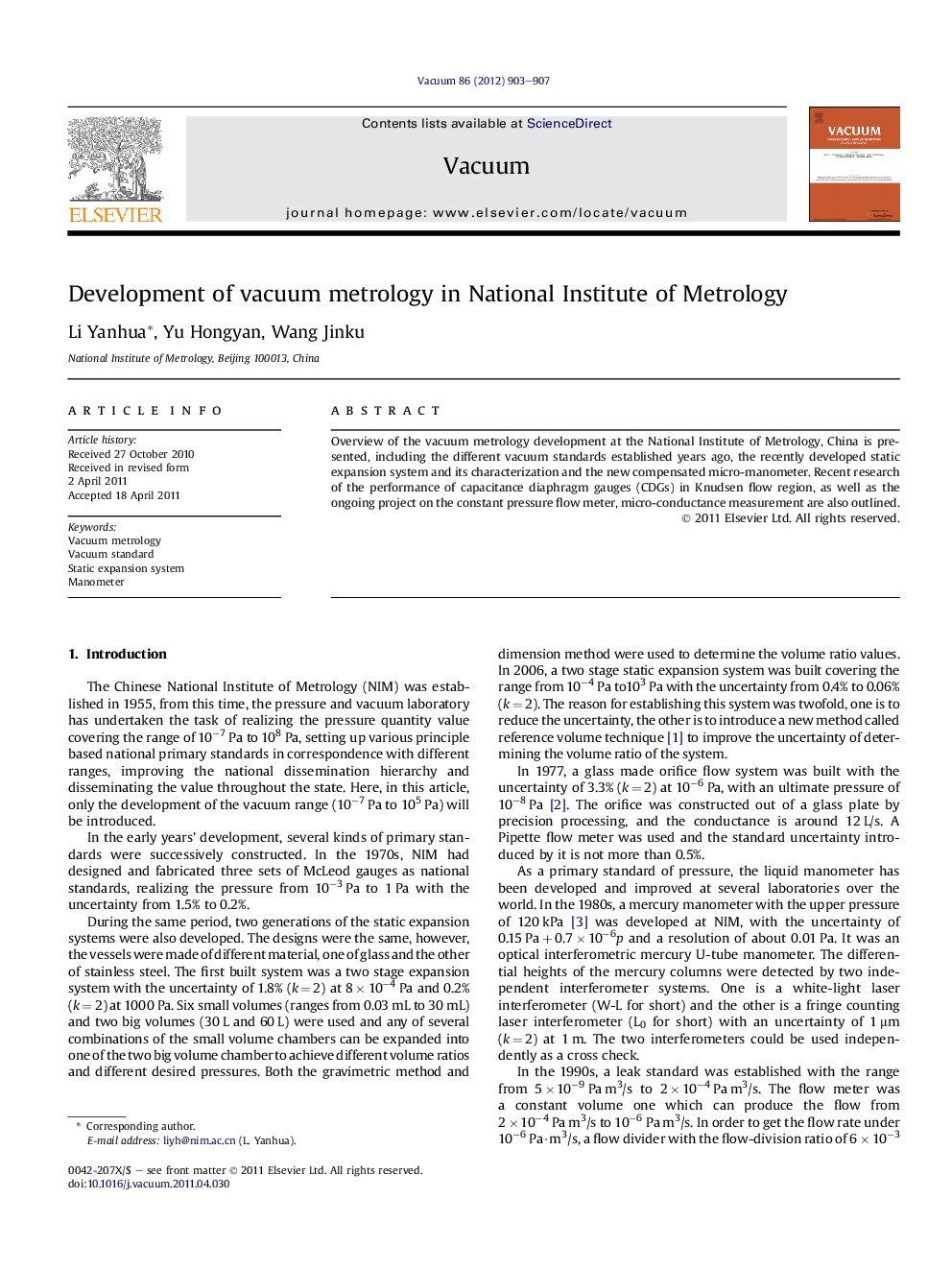 Development of vacuum metrology in National Institute of Metrology