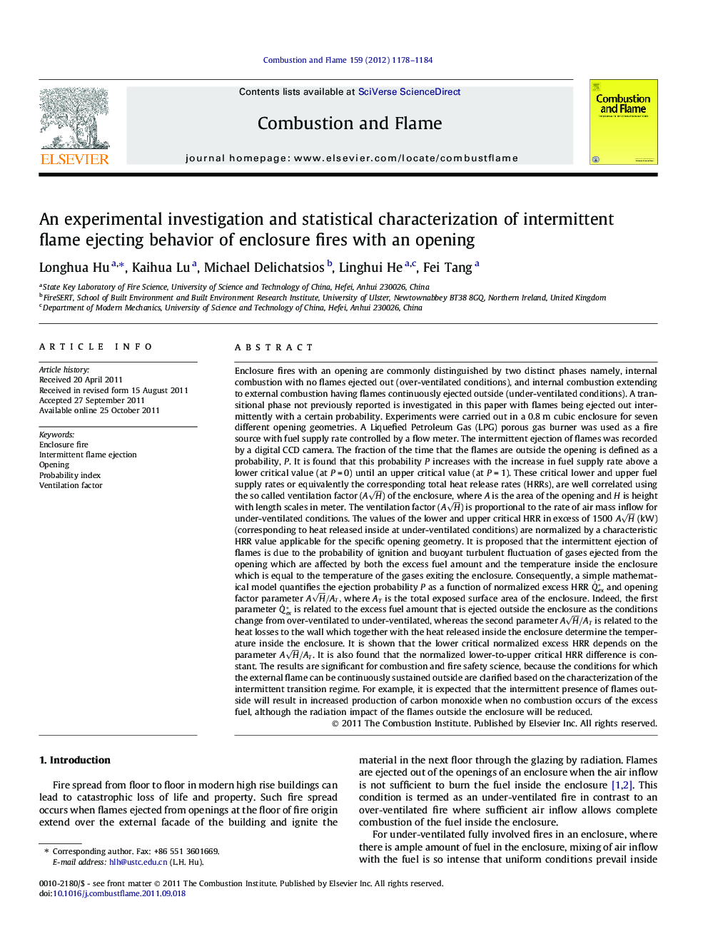 An experimental investigation and statistical characterization of intermittent flame ejecting behavior of enclosure fires with an opening