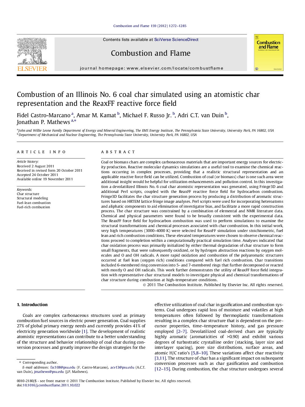 Combustion of an Illinois No. 6 coal char simulated using an atomistic char representation and the ReaxFF reactive force field