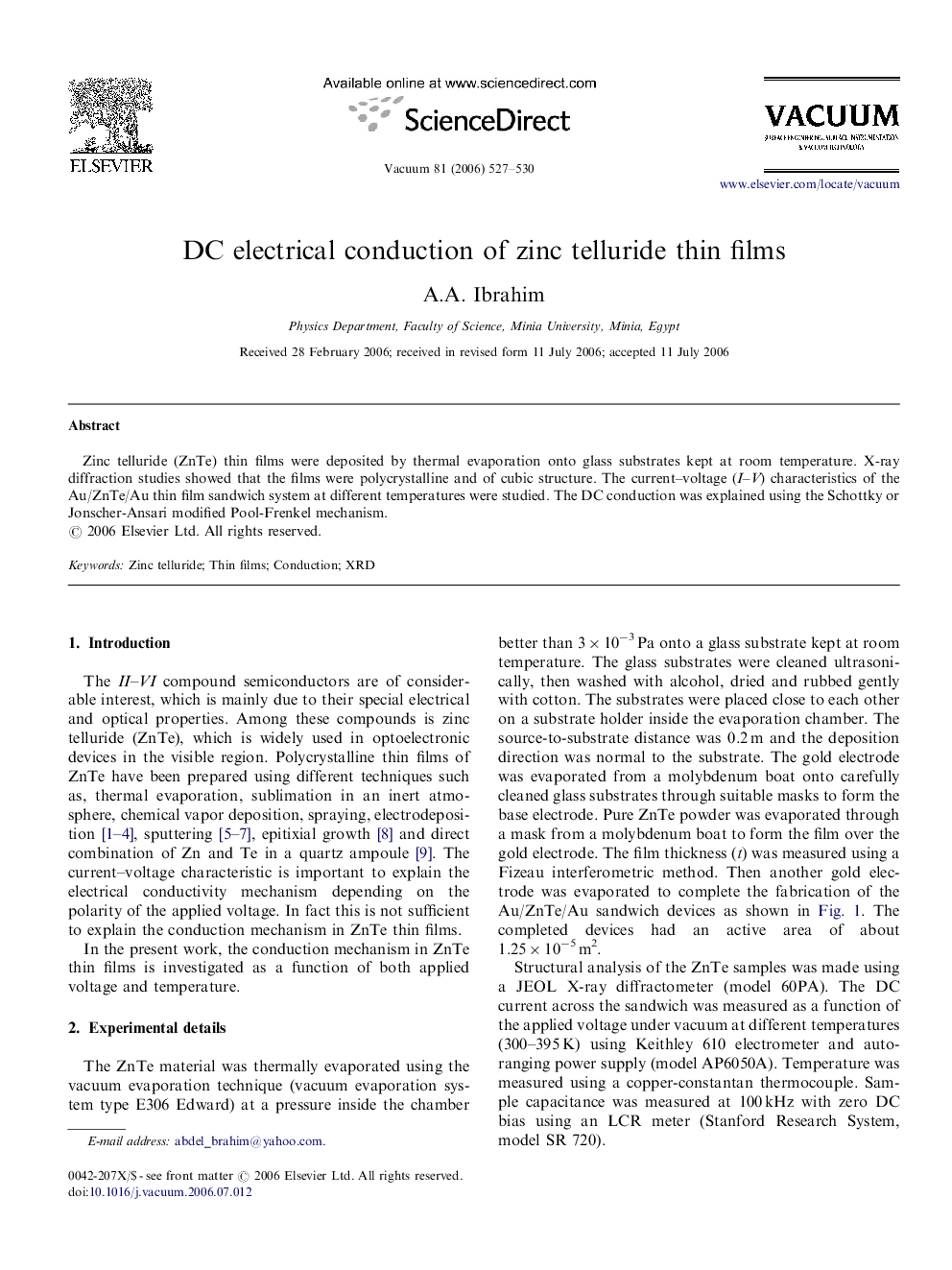 DC electrical conduction of zinc telluride thin films