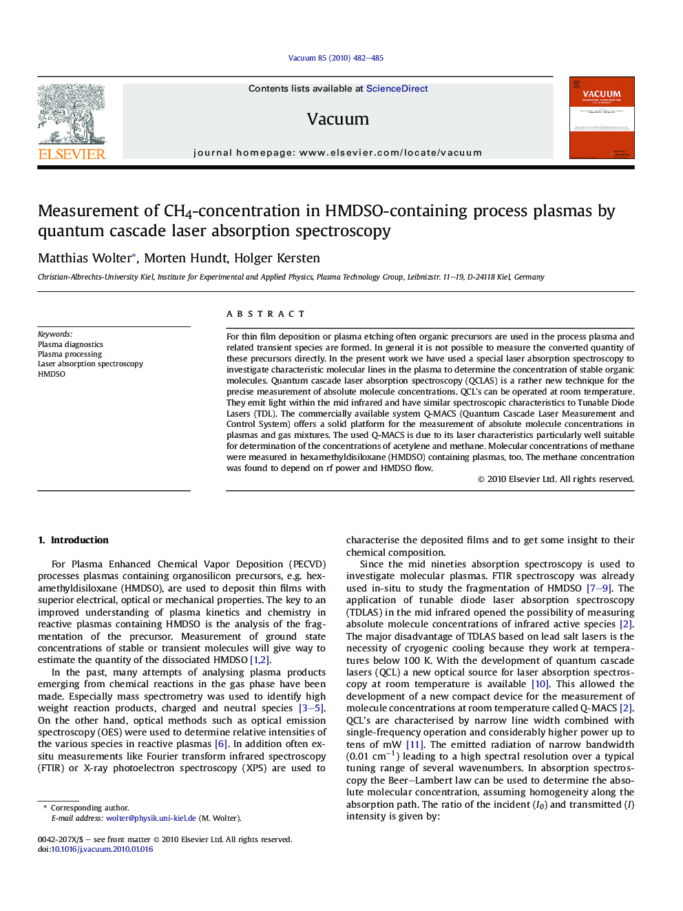 Measurement of CH4-concentration in HMDSO-containing process plasmas by quantum cascade laser absorption spectroscopy