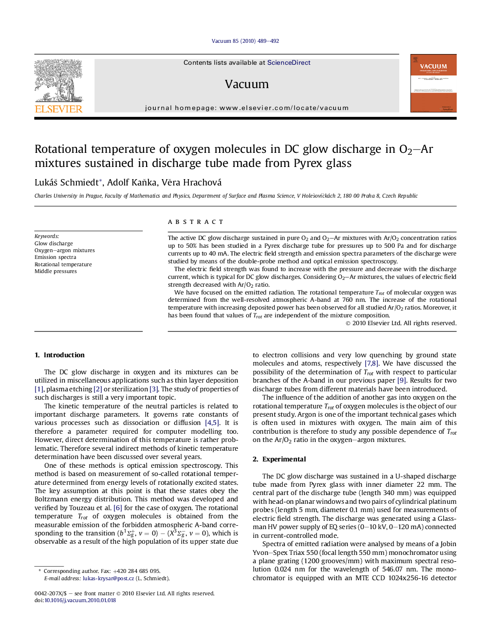 Rotational temperature of oxygen molecules in DC glow discharge in O2–Ar mixtures sustained in discharge tube made from Pyrex glass