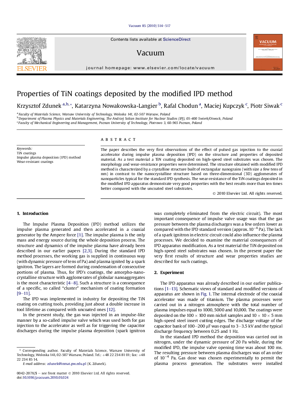 Properties of TiN coatings deposited by the modified IPD method