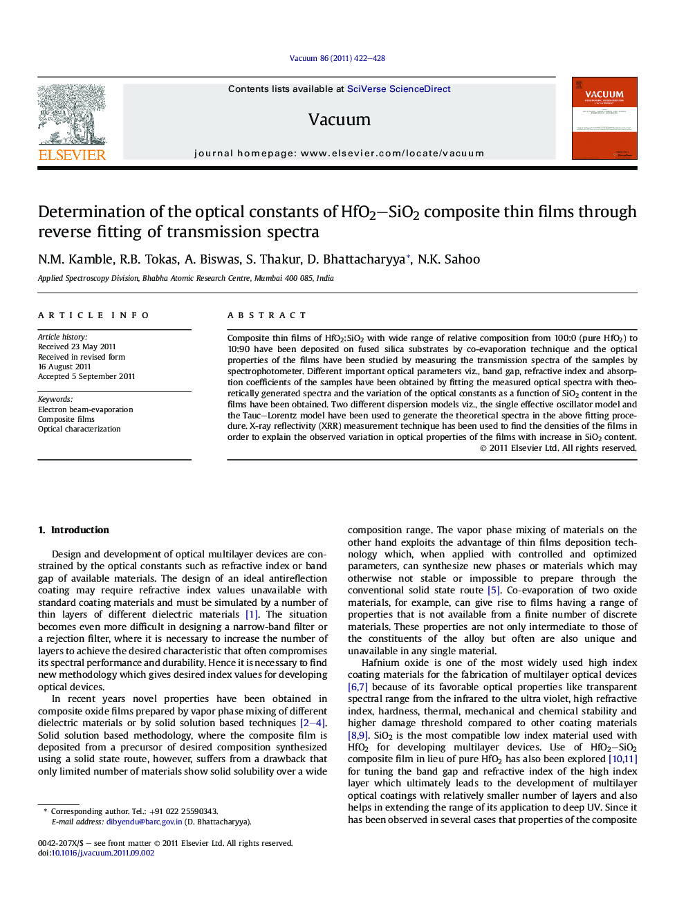 Determination of the optical constants of HfO2–SiO2 composite thin films through reverse fitting of transmission spectra