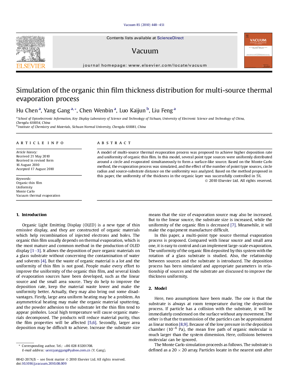 Simulation of the organic thin film thickness distribution for multi-source thermal evaporation process