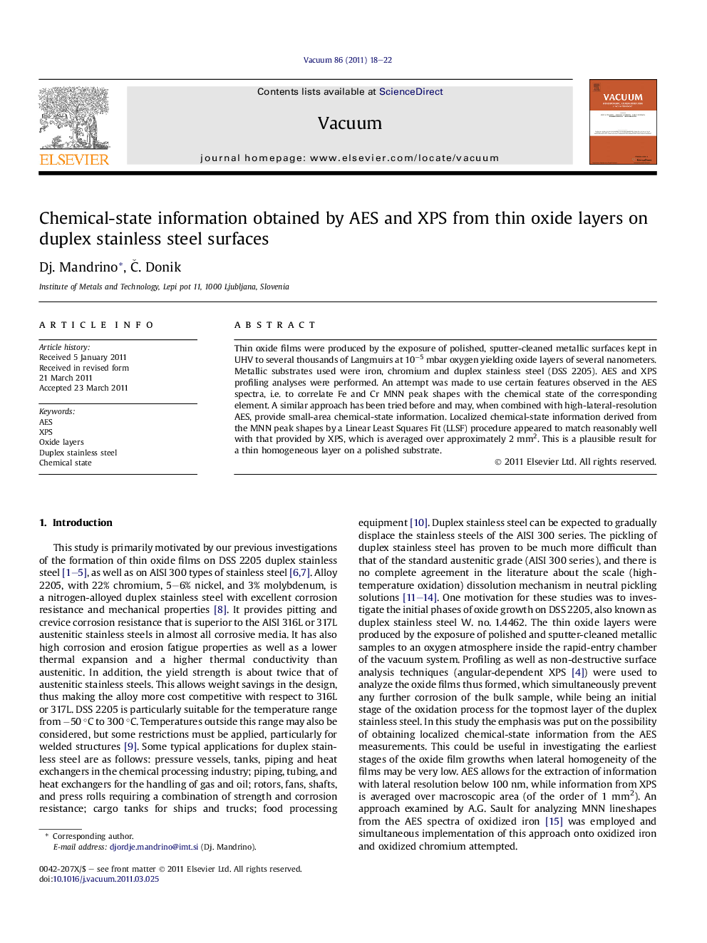 Chemical-state information obtained by AES and XPS from thin oxide layers on duplex stainless steel surfaces