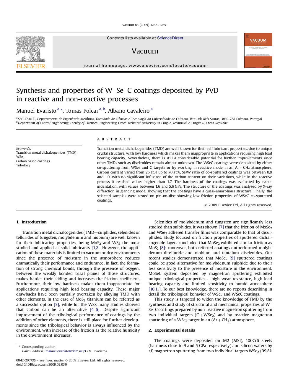 Synthesis and properties of W–Se–C coatings deposited by PVD in reactive and non-reactive processes