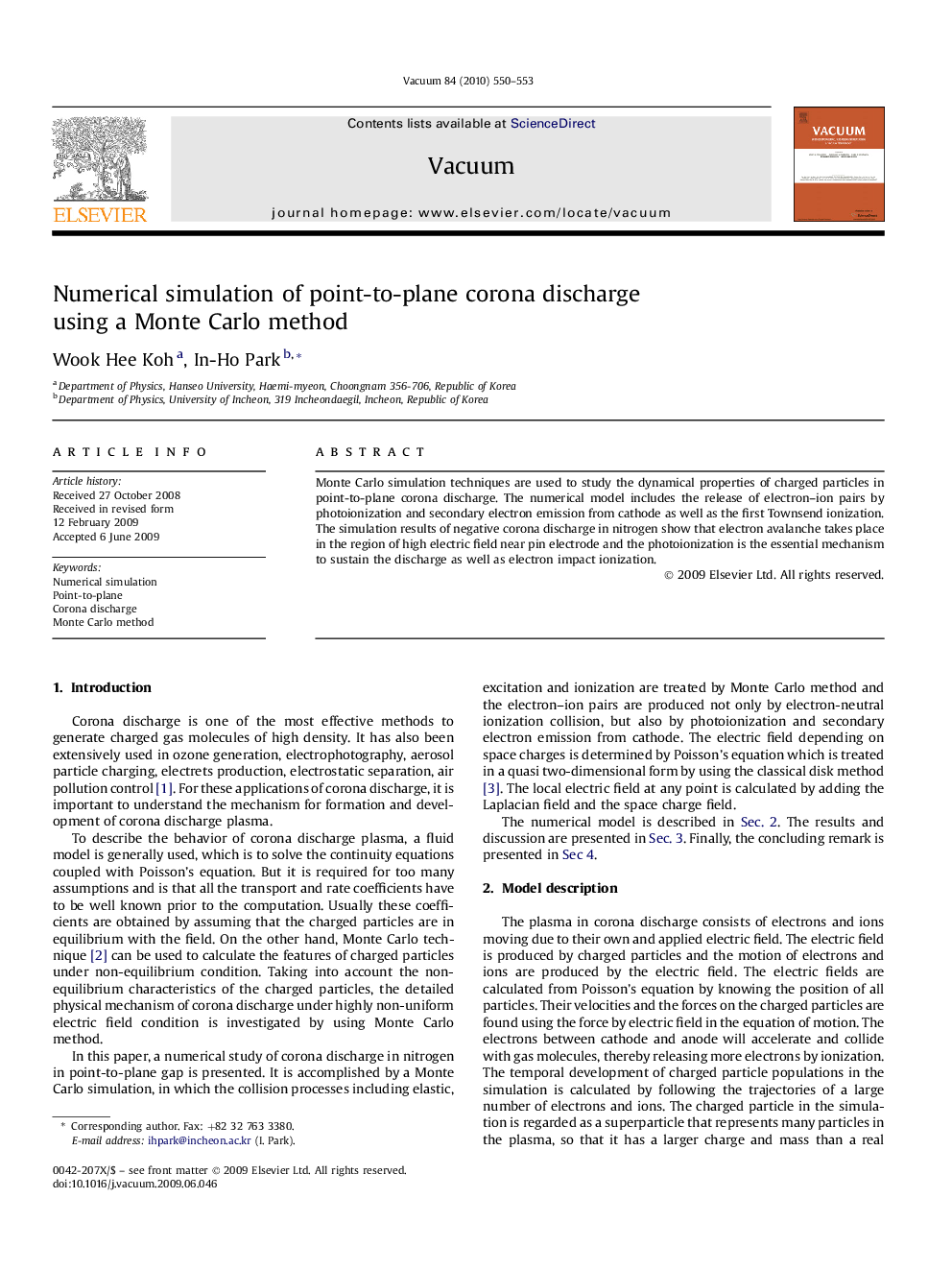 Numerical simulation of point-to-plane corona discharge using a Monte Carlo method