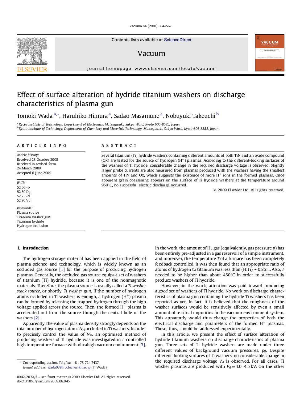 Effect of surface alteration of hydride titanium washers on discharge characteristics of plasma gun