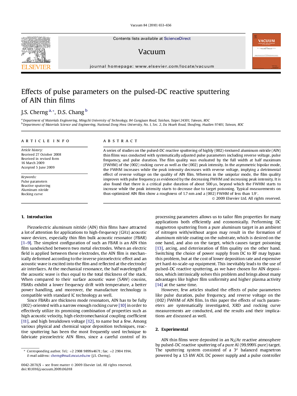عکس صفحه اول مقاله: Effects of pulse parameters on the pulsed-DC reactive sputtering of AlN thin films Effects of pulse parameters on the pulsed-DC reactive sputtering of AlN thin films