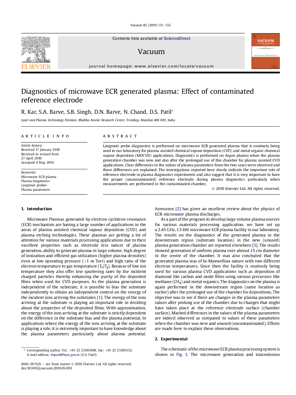 Diagnostics of microwave ECR generated plasma: Effect of contaminated reference electrode