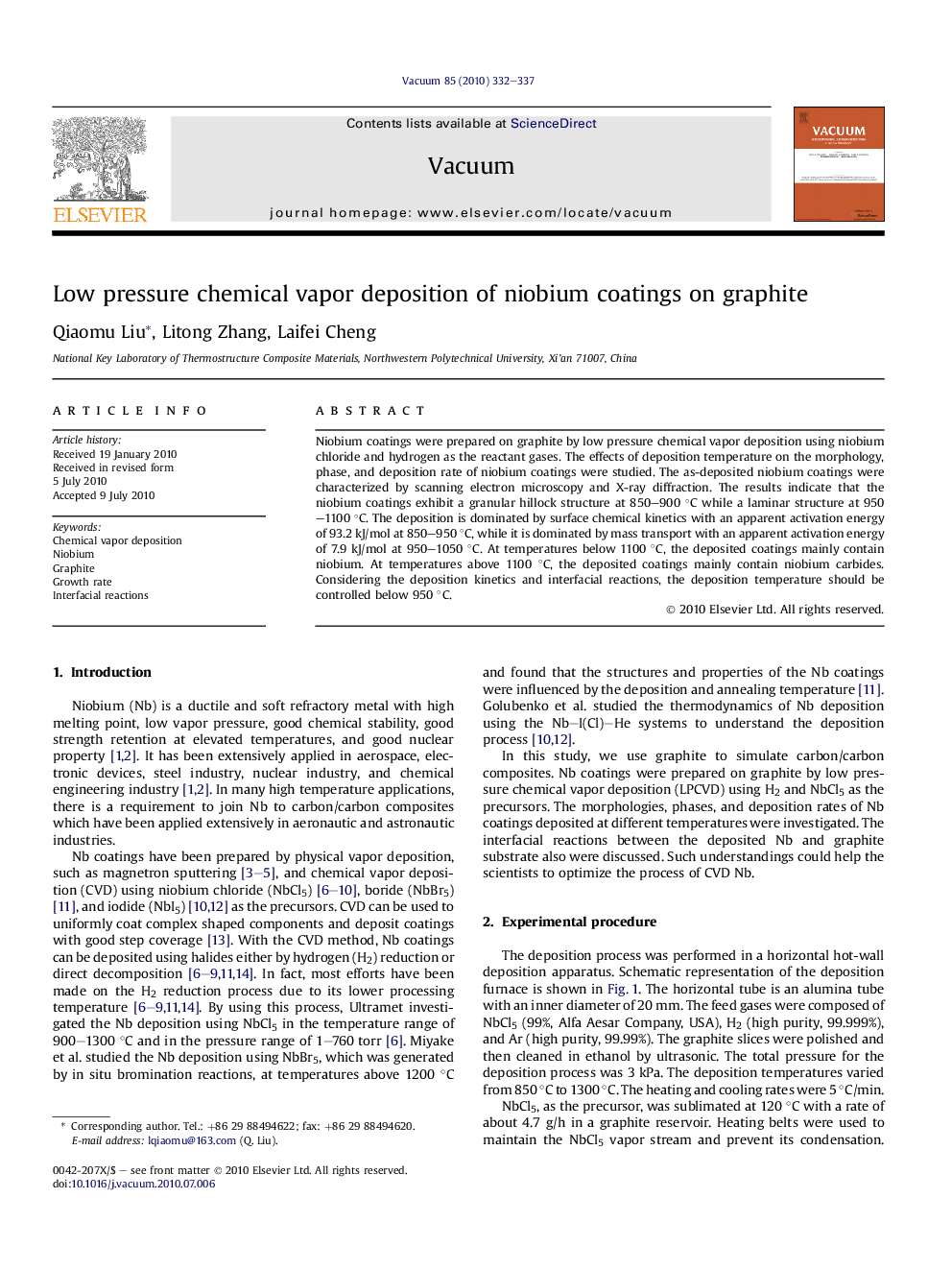 Low pressure chemical vapor deposition of niobium coatings on graphite