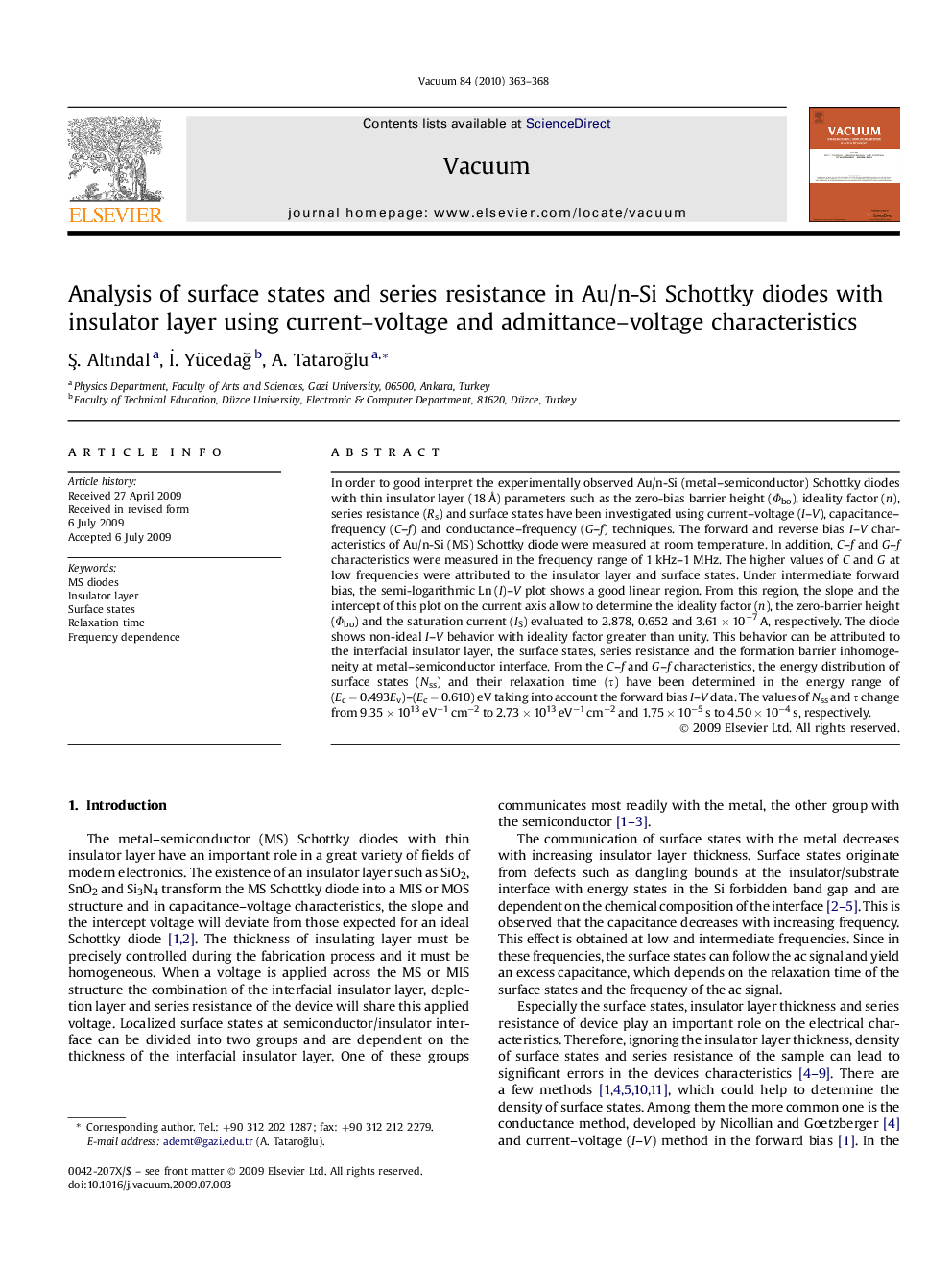 Analysis of surface states and series resistance in Au/n-Si Schottky diodes with insulator layer using current-voltage and admittance-voltage characteristics