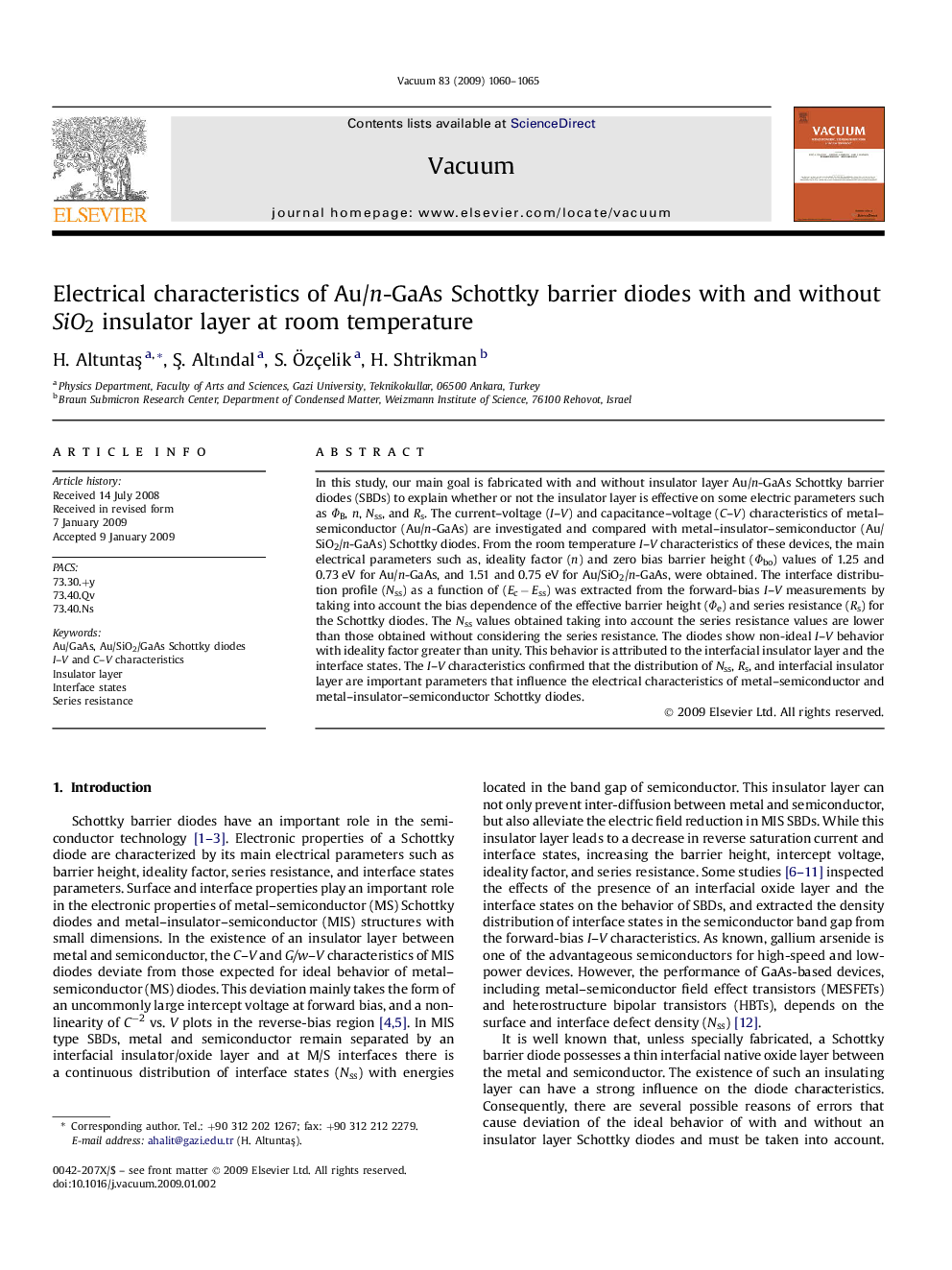 عکس صفحه اول مقاله: Electrical characteristics of Au/n-GaAs Schottky barrier diodes with and without SiO2 insulator layer at room temperature Electrical characteristics of Au/n-GaAs Schottky barrier diodes with and without SiO2 insulator layer at room temperature