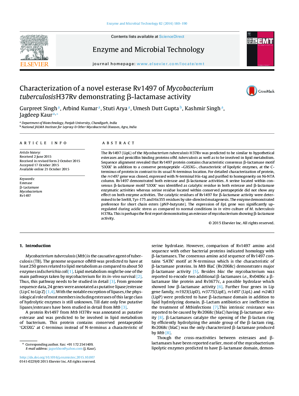 Characterization of a novel esterase Rv1497 of Mycobacterium tuberculosisH37Rv demonstrating β-lactamase activity