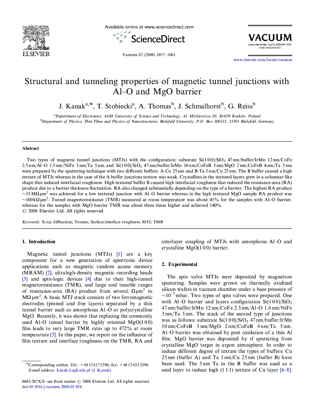 عکس صفحه اول مقاله: Structural and tunneling properties of magnetic tunnel junctions with Al–O and MgO barrier Structural and tunneling properties of magnetic tunnel junctions with Al–O and MgO barrier