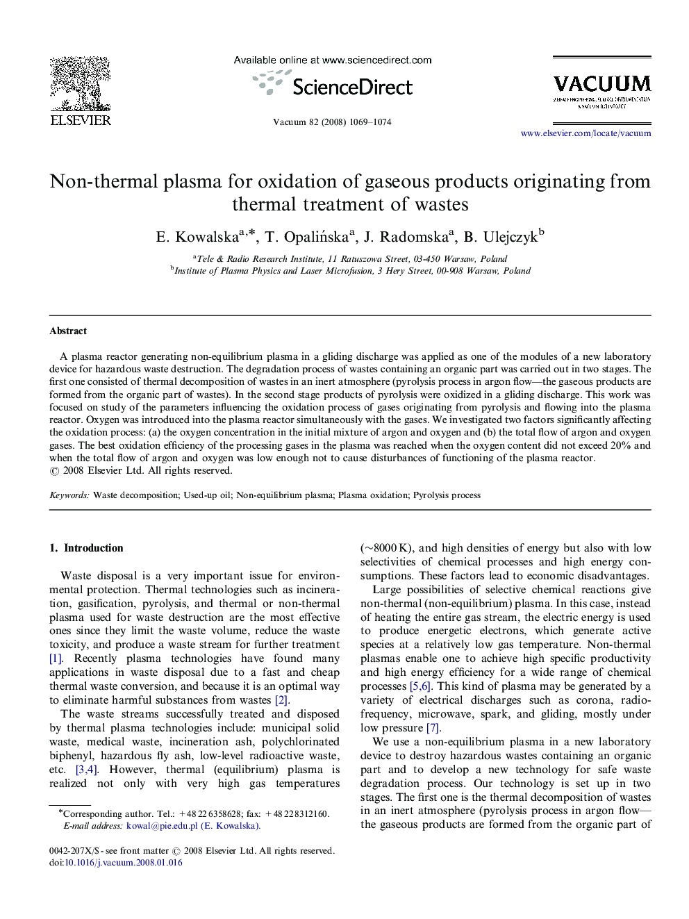 Non-thermal plasma for oxidation of gaseous products originating from thermal treatment of wastes