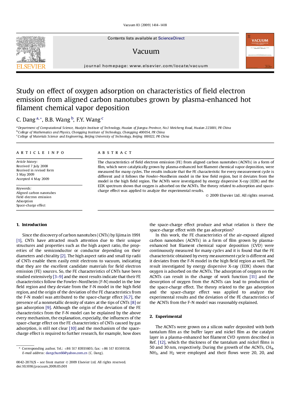 Study on effect of oxygen adsorption on characteristics of field electron emission from aligned carbon nanotubes grown by plasma-enhanced hot filament chemical vapor deposition