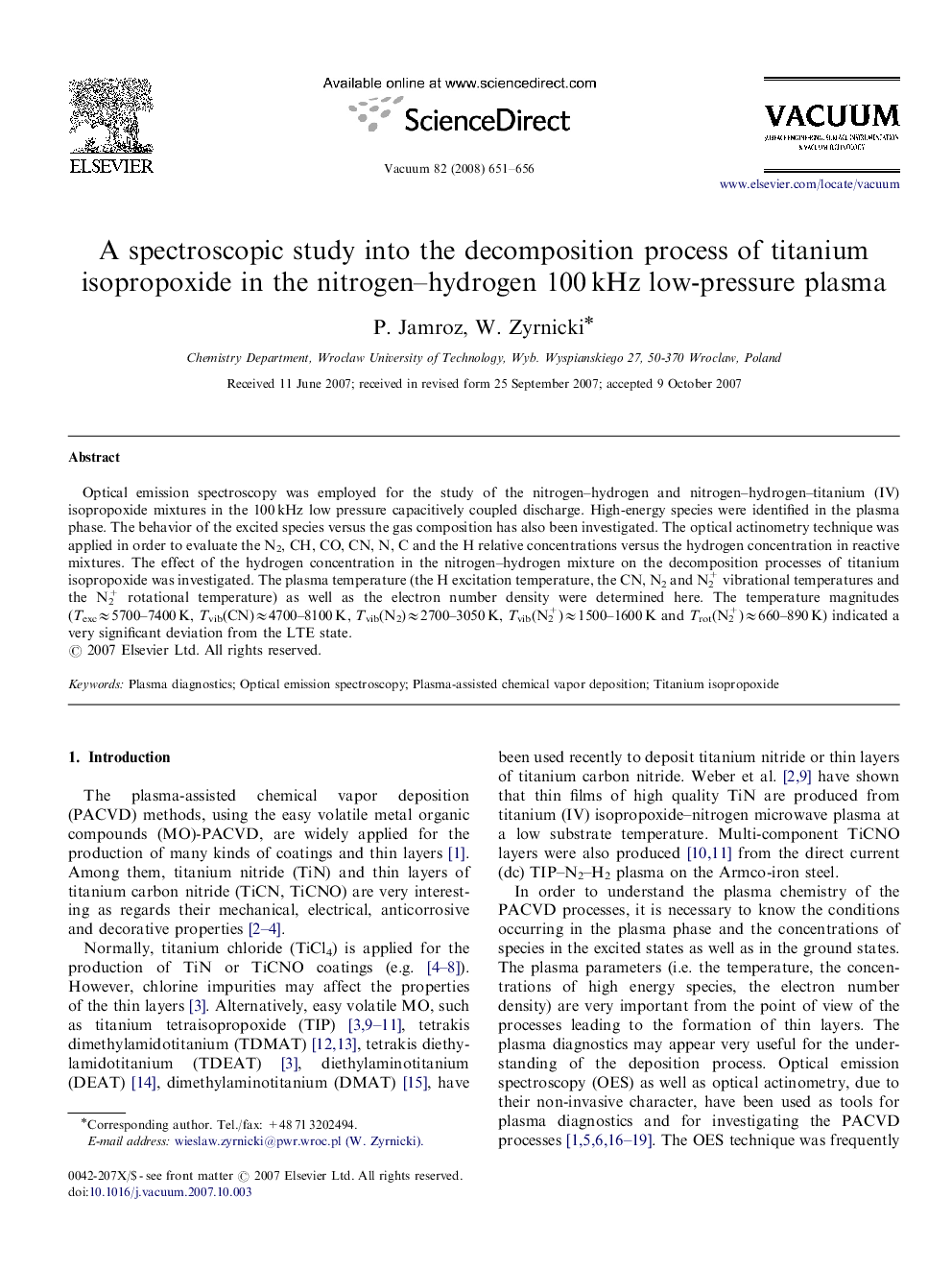 A spectroscopic study into the decomposition process of titanium isopropoxide in the nitrogen–hydrogen 100 kHz low-pressure plasma