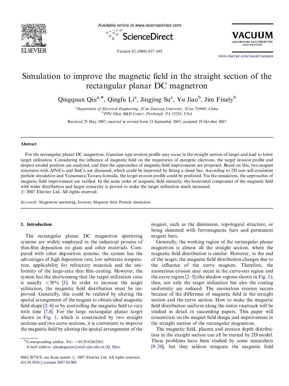 Simulation to improve the magnetic field in the straight section of the rectangular planar DC magnetron