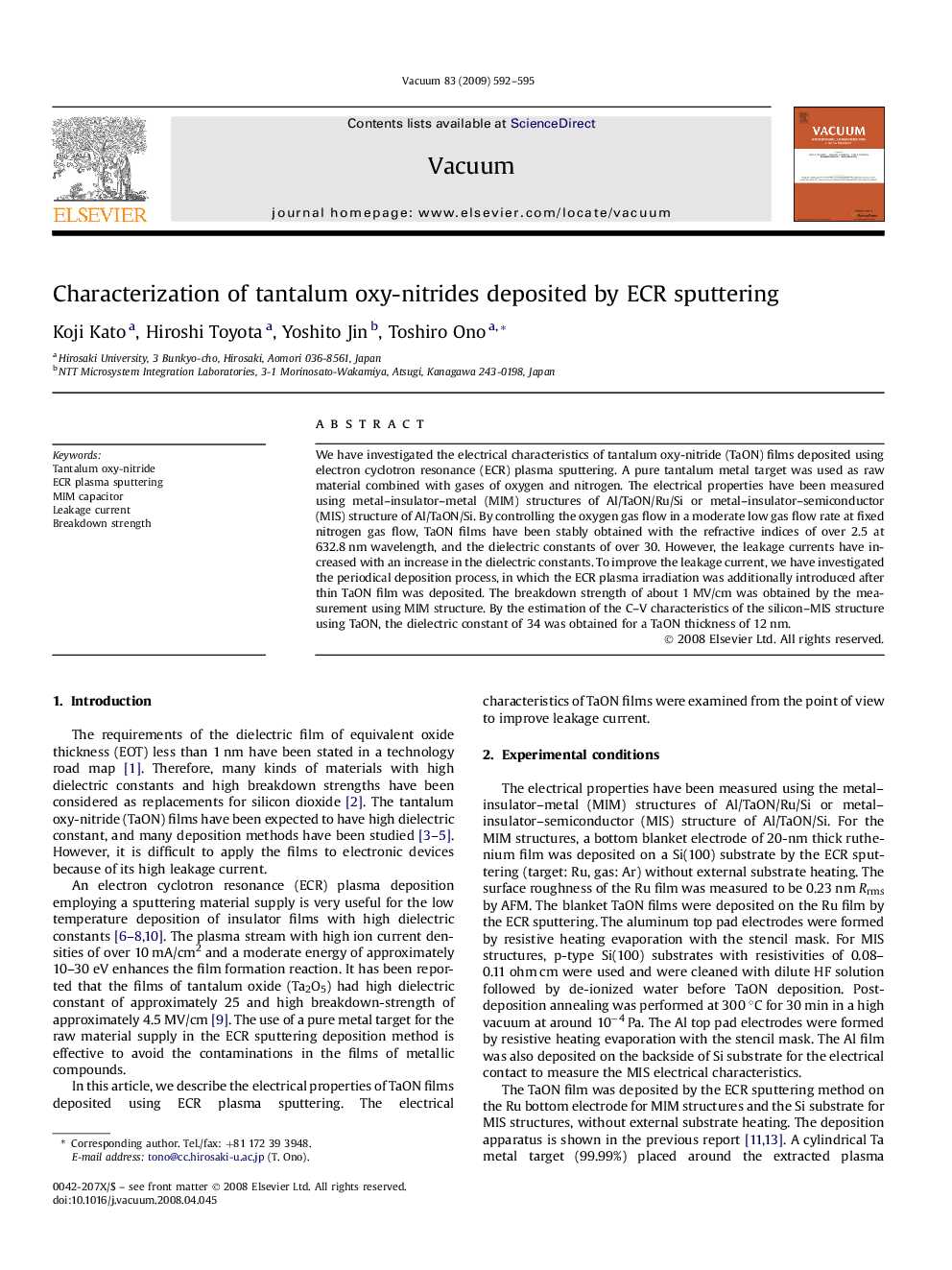 عکس صفحه اول مقاله: Characterization of tantalum oxy-nitrides deposited by ECR sputtering Characterization of tantalum oxy-nitrides deposited by ECR sputtering