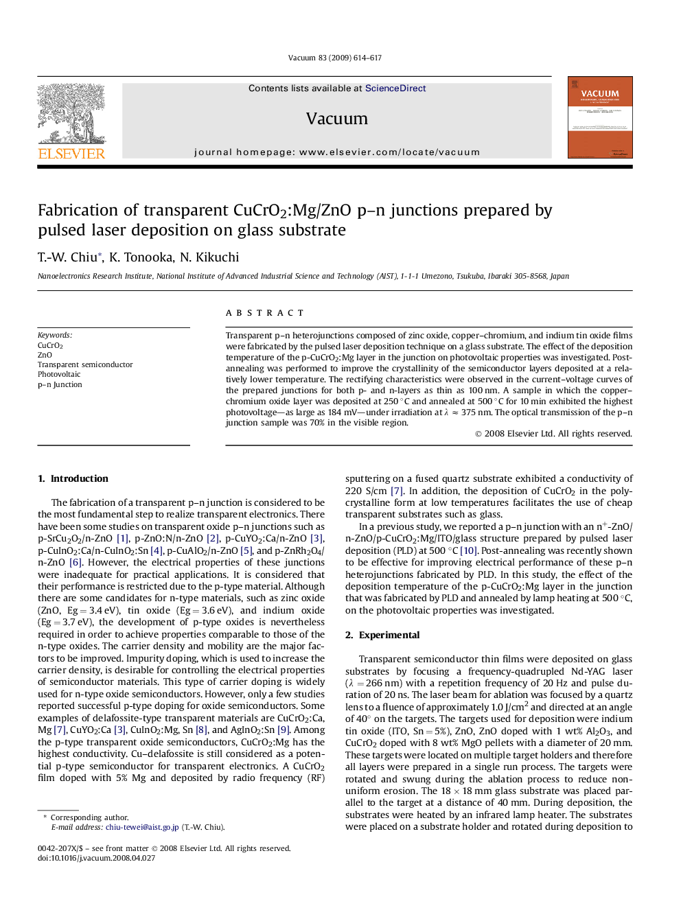 Fabrication of transparent CuCrO2:Mg/ZnO p–n junctions prepared by pulsed laser deposition on glass substrate