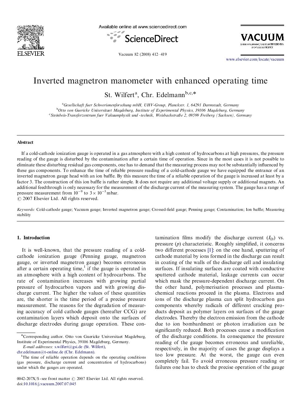 Inverted magnetron manometer with enhanced operating time