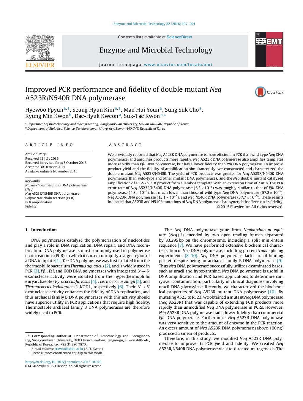 Improved PCR performance and fidelity of double mutant Neq A523R/N540R DNA polymerase