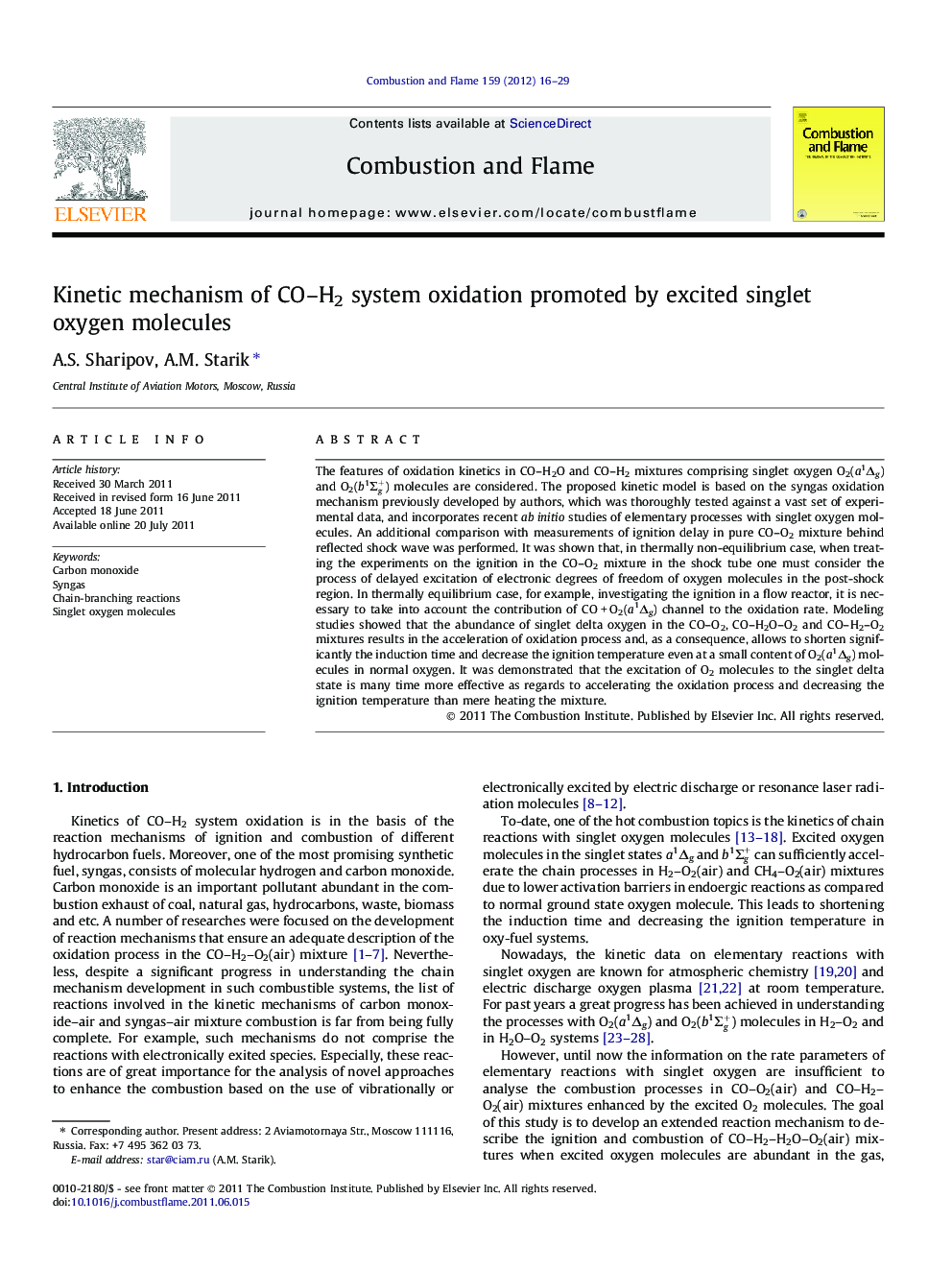 Kinetic mechanism of CO–H2 system oxidation promoted by excited singlet oxygen molecules