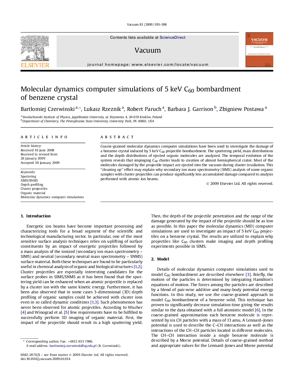 Molecular dynamics computer simulations of 5Â keV C60 bombardment of benzene crystal