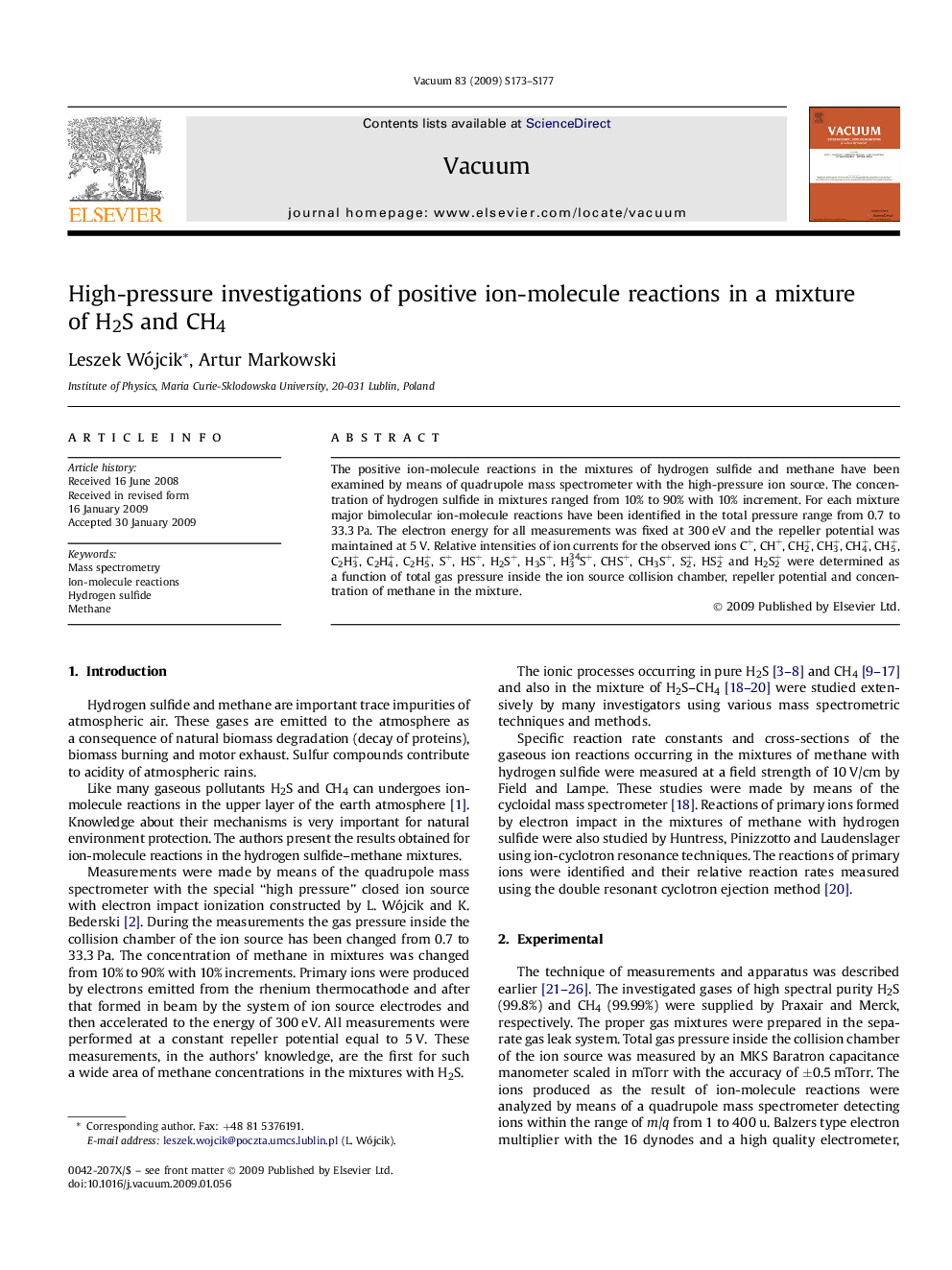 High-pressure investigations of positive ion-molecule reactions in a mixtureof H2S and CH4