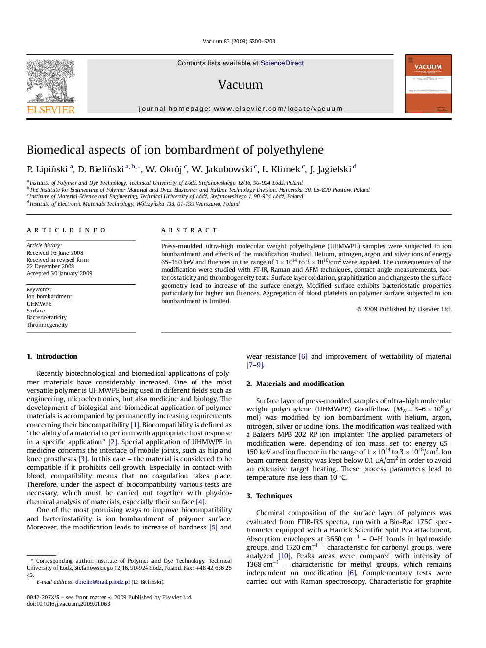 Biomedical aspects of ion bombardment of polyethylene