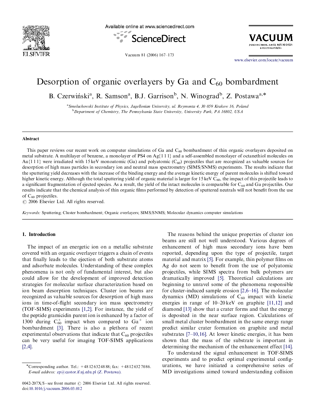 Desorption of organic overlayers by Ga and C60 bombardment