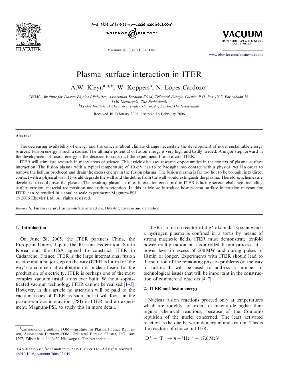 Plasma–surface interaction in ITER