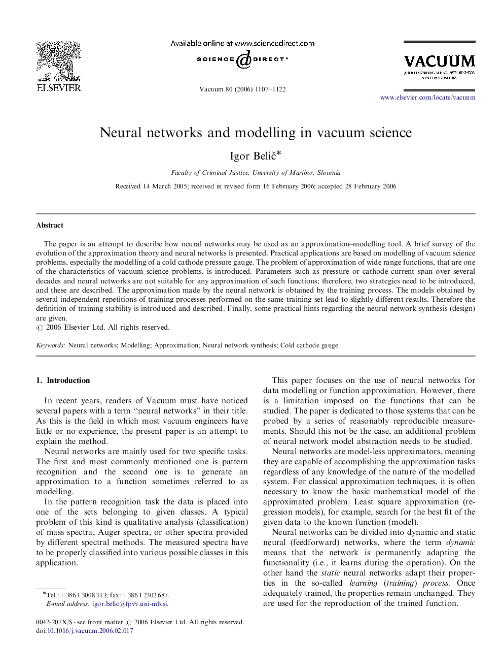 Neural networks and modelling in vacuum science