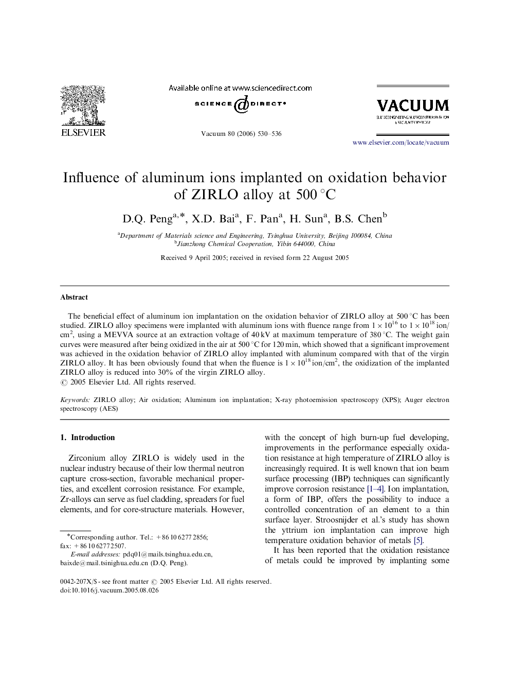 Influence of aluminum ions implanted on oxidation behavior of ZIRLO alloy at 500 °C