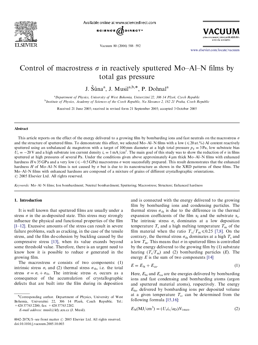 Control of macrostress σ in reactively sputtered Mo–Al–N films by total gas pressure