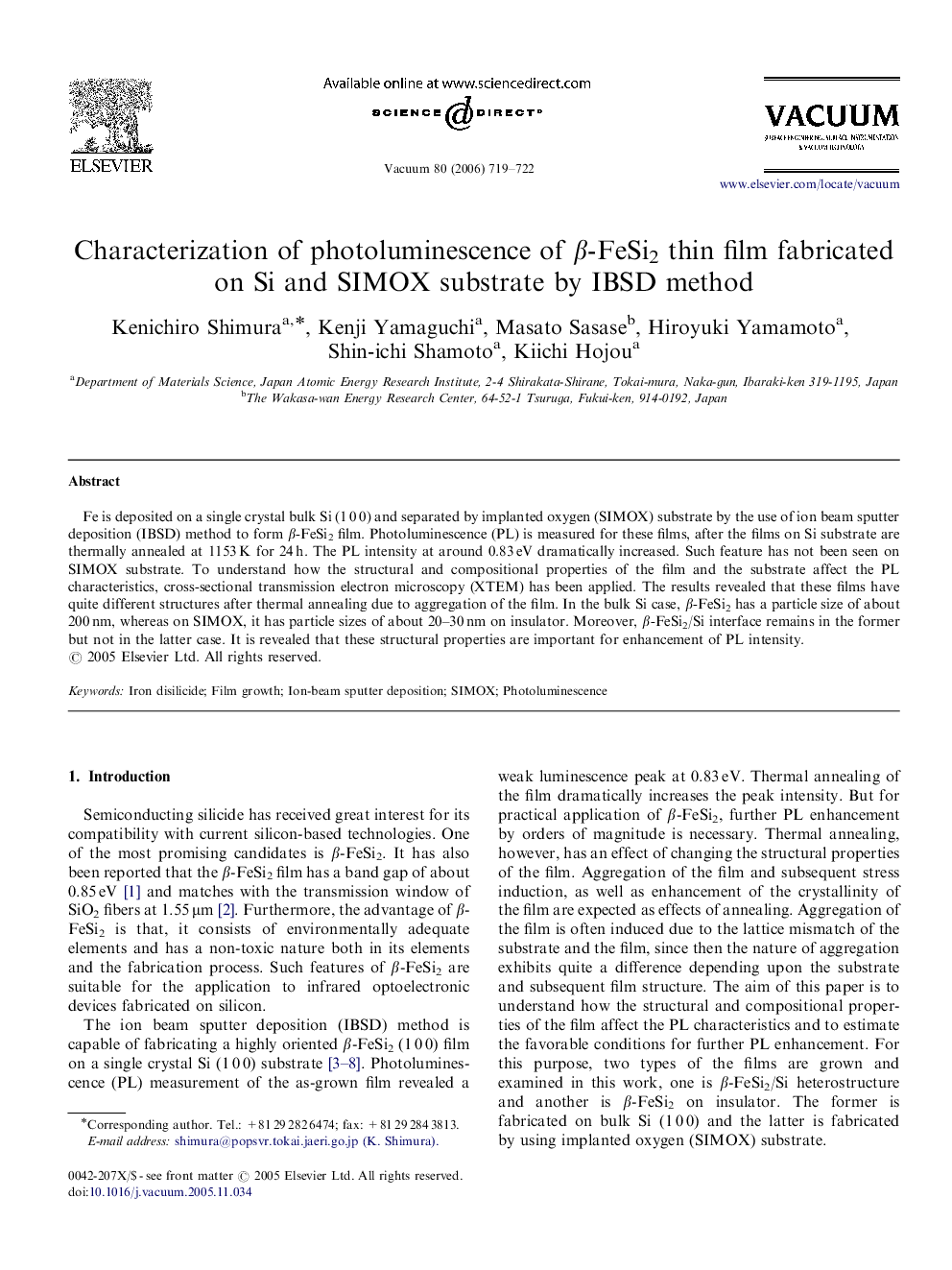 Characterization of photoluminescence of Î²-FeSi2 thin film fabricated on Si and SIMOX substrate by IBSD method