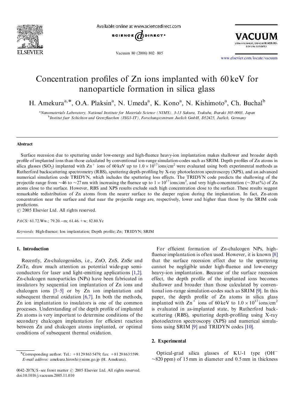 Concentration profiles of Zn ions implanted with 60Â keV for nanoparticle formation in silica glass