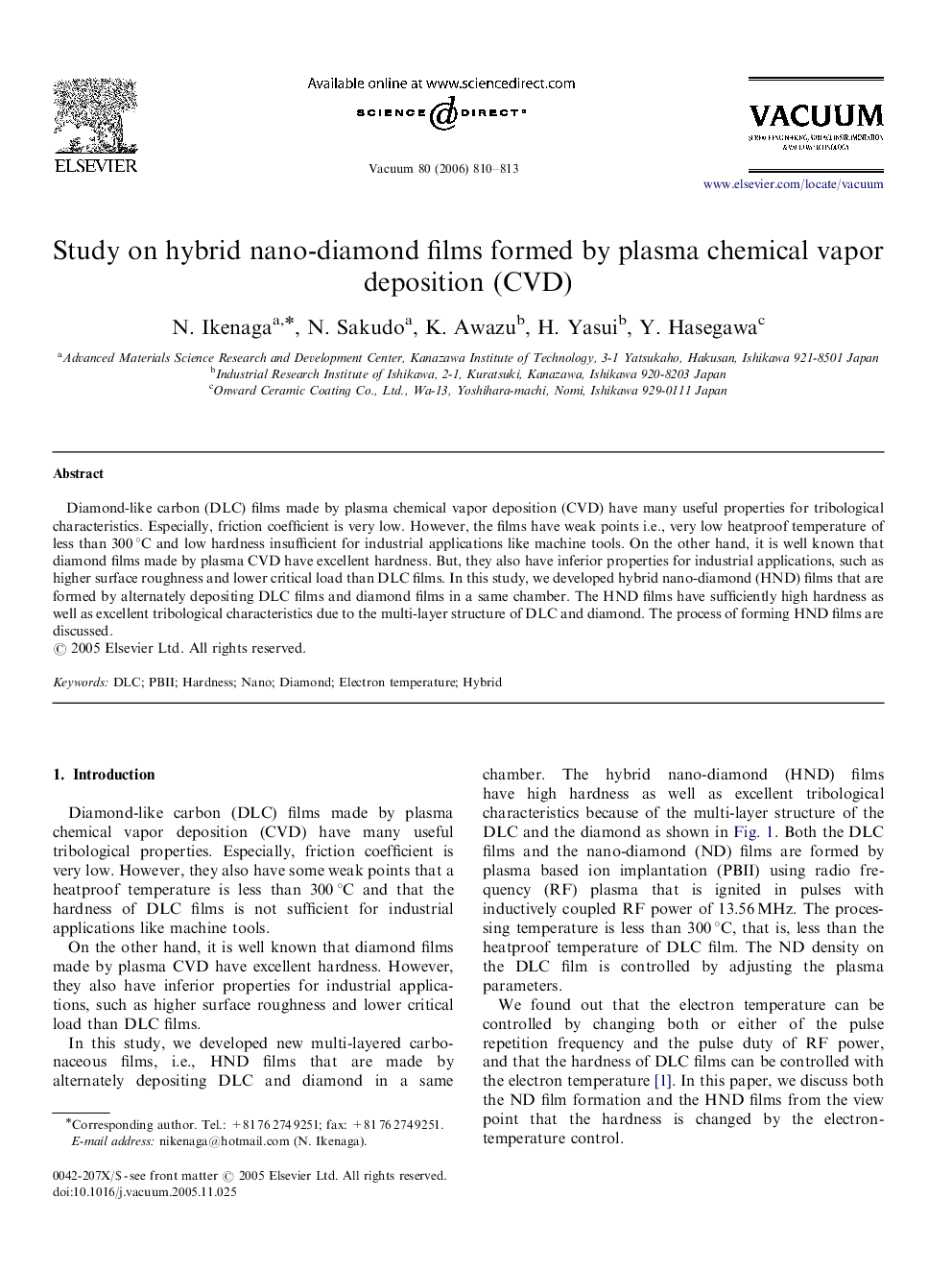 Study on hybrid nano-diamond films formed by plasma chemical vapor deposition (CVD)