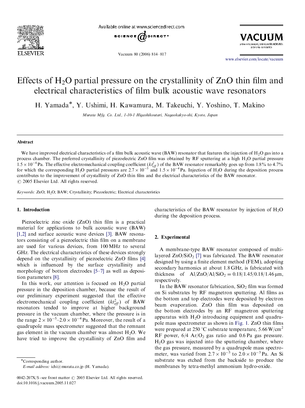 Effects of H2O partial pressure on the crystallinity of ZnO thin film and electrical characteristics of film bulk acoustic wave resonators