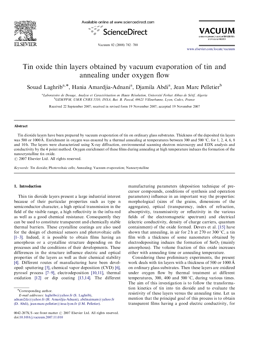 Tin oxide thin layers obtained by vacuum evaporation of tin and annealing under oxygen flow