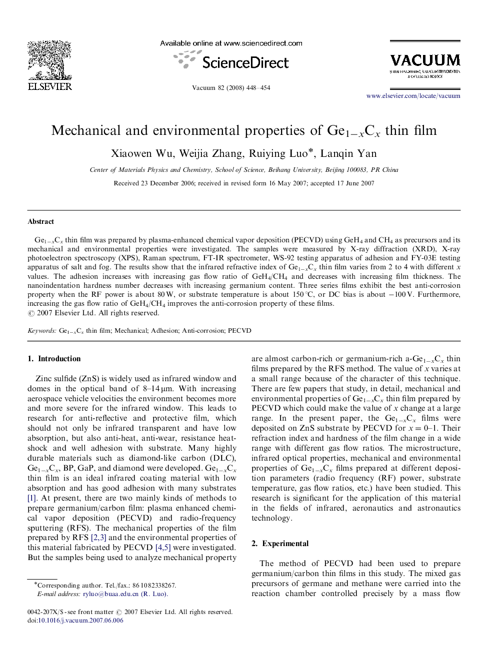 Mechanical and environmental properties of Ge1−xCx thin film