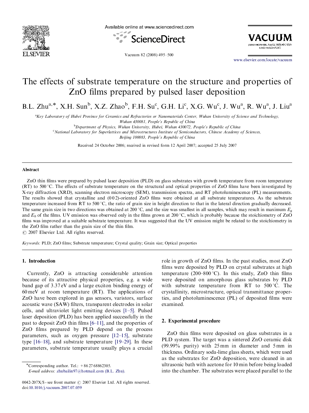 عکس صفحه اول مقاله: The effects of substrate temperature on the structure and properties of ZnO films prepared by pulsed laser deposition The effects of substrate temperature on the structure and properties of ZnO films prepared by pulsed laser deposition