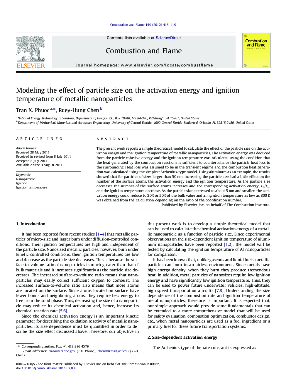 Modeling the effect of particle size on the activation energy and ignition temperature of metallic nanoparticles