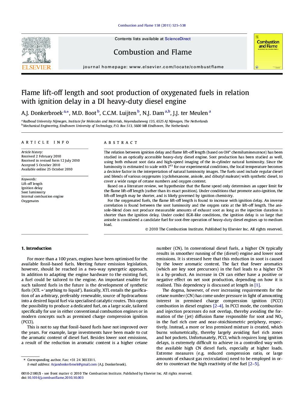 Flame lift-off length and soot production of oxygenated fuels in relation with ignition delay in a DI heavy-duty diesel engine