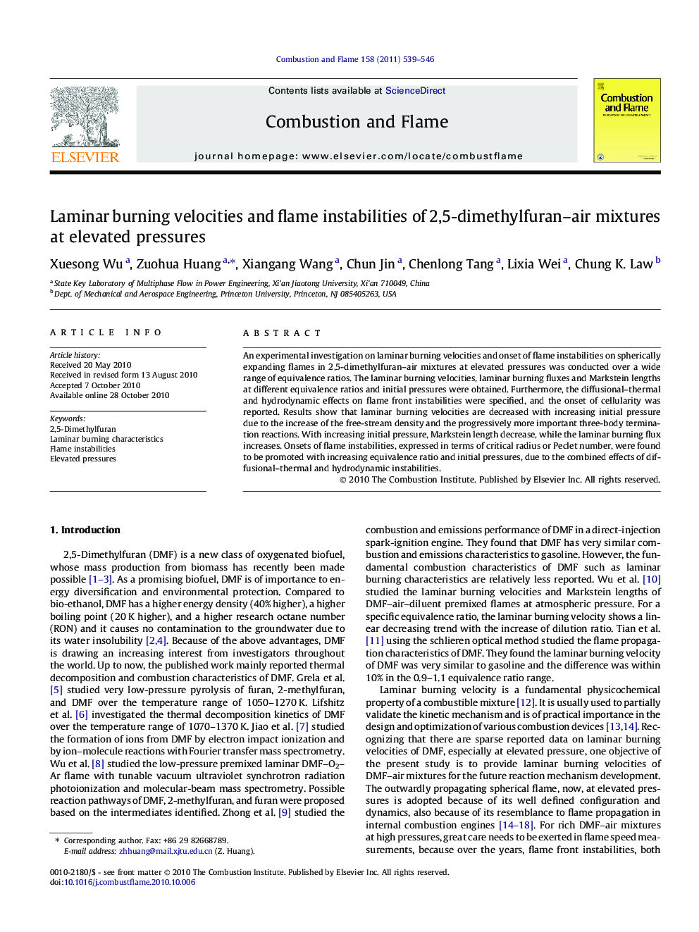 Laminar burning velocities and flame instabilities of 2,5-dimethylfuran–air mixtures at elevated pressures