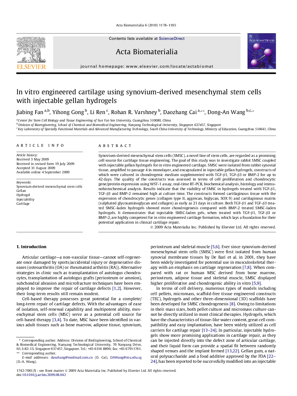 In vitro engineered cartilage using synovium-derived mesenchymal stem cells with injectable gellan hydrogels