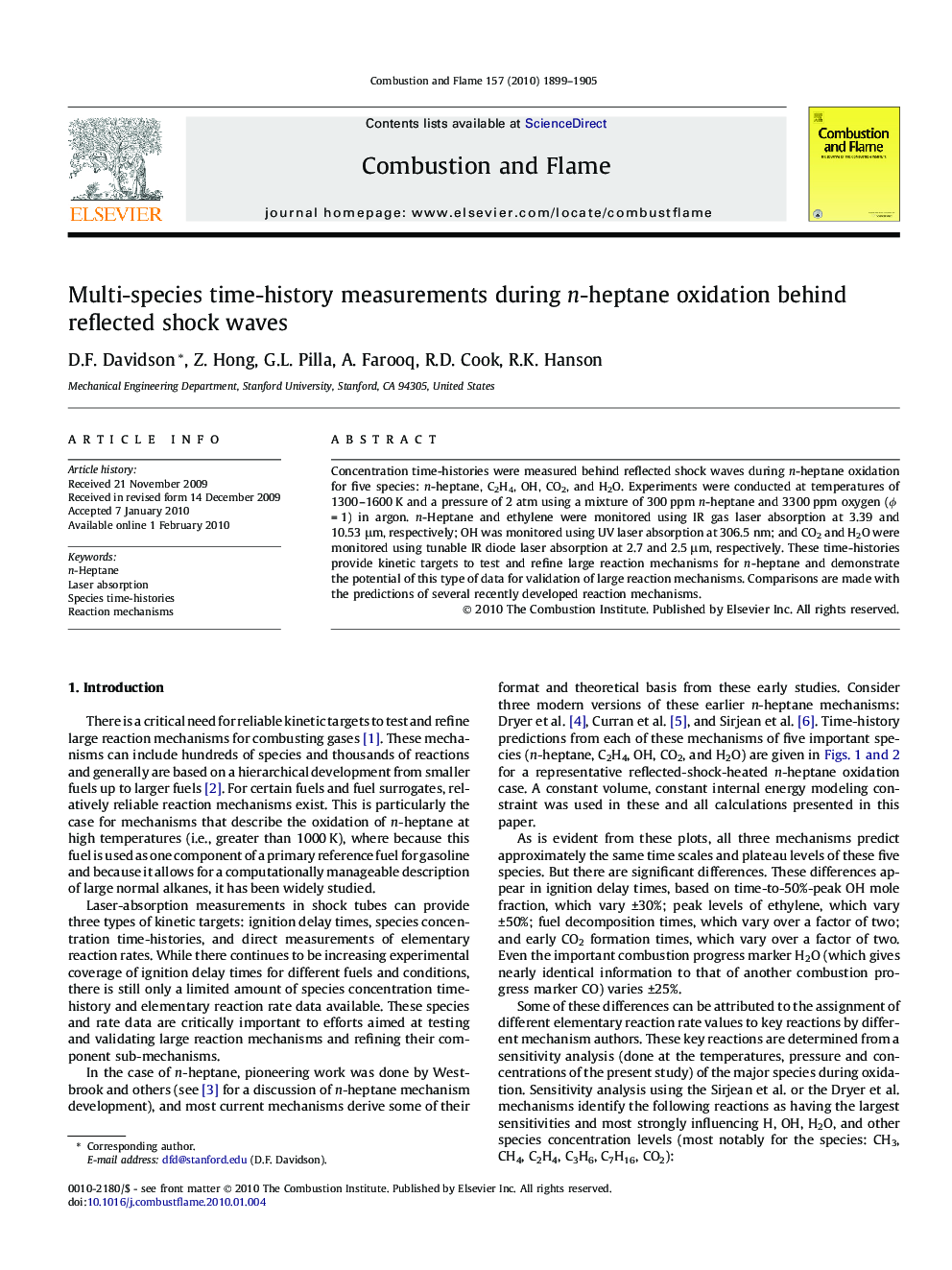 Multi-species time-history measurements during n-heptane oxidation behind reflected shock waves