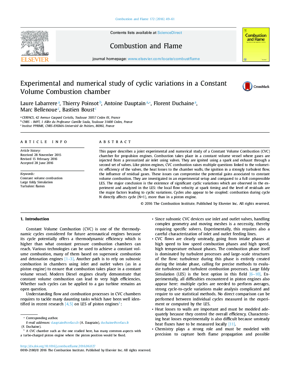 Experimental and numerical study of cyclic variations in a Constant Volume Combustion chamber